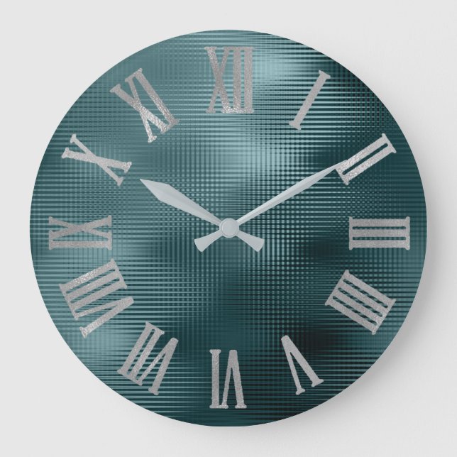 DeepTeal Silver Grått - minimala romerska metallis Stor Klocka (Framsida)