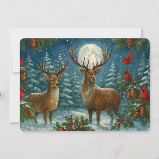 Deer And Cardinals On A Moon-lit Night Christmas Julkort (Framsida)
