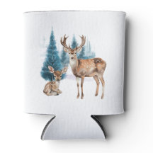 Deer and doe with snowy pine tree
