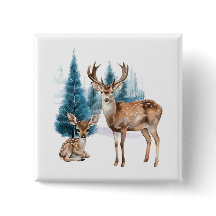 Deer and doe with snowy pine tree