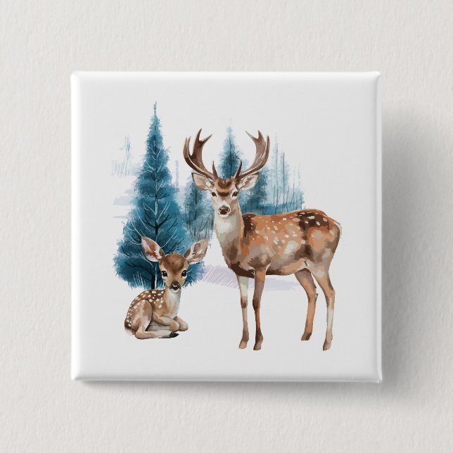 Deer and doe with snowy pine tree knapp (Framsida)