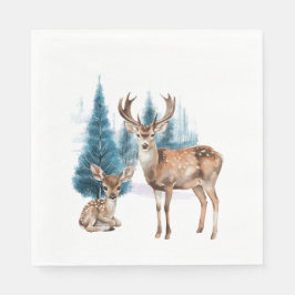 Deer and doe with snowy pine tree pappersservett