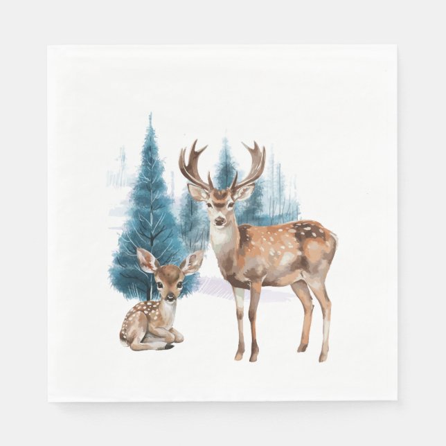 Deer and doe with snowy pine tree pappersservett (Framsidan)