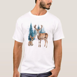 Deer and doe with snowy pine tree t shirt