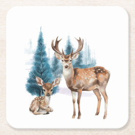 Deer and doe with snowy pine tree underlägg papper kvadrat