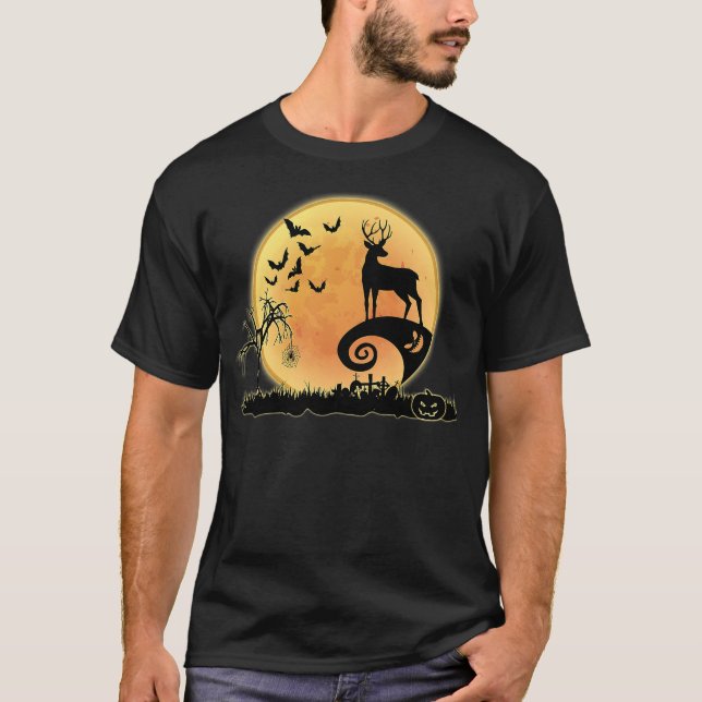 Deer And Moon Scary Animals Funny Halloween Costum T Shirt (Framsida)