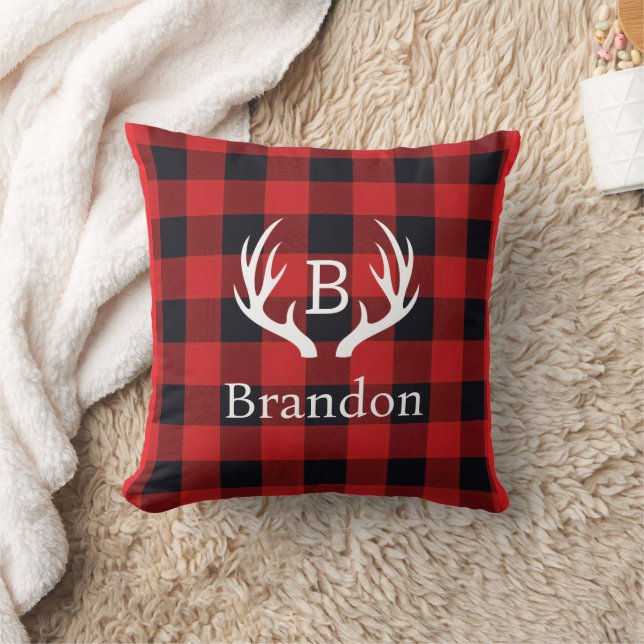 Deer Antler Initial Buffalo Plaid  Kudde (Filt)