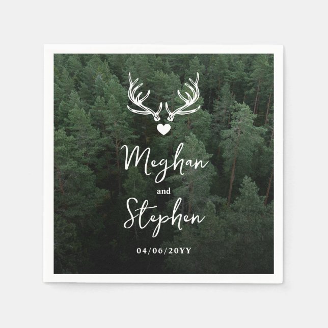 Deer Antlers Woodland Pine Tree Forest Wedding Pappersservett (Framsidan)
