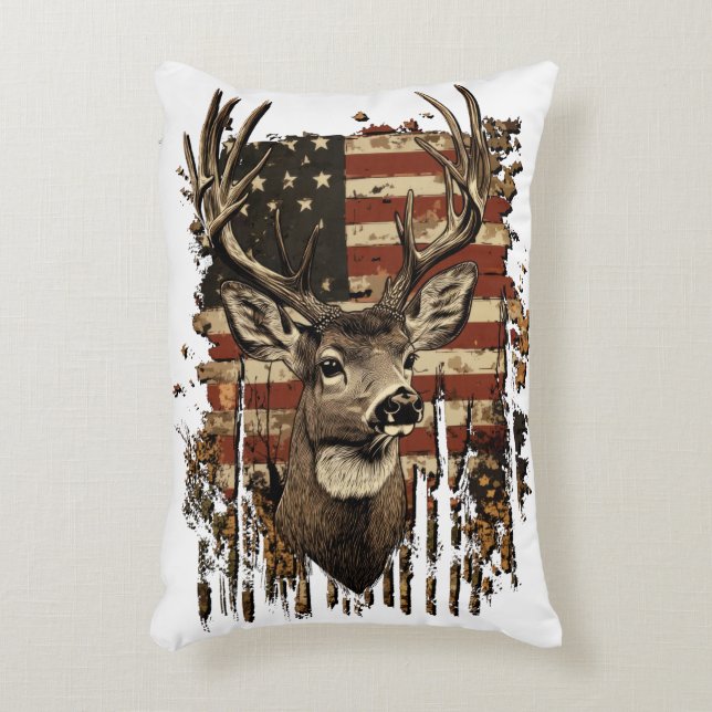 Deer, Buck Season USA Flag Prydnadskudde (Framsidan(Vertikal))