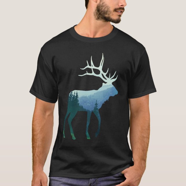 Deer Elk Double Exposure Surreal Wildlife Animal T Shirt (Framsida)