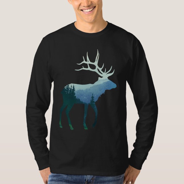 Deer Elk Double Exposure Surreal Wildlife Animal T Shirt (Framsida)