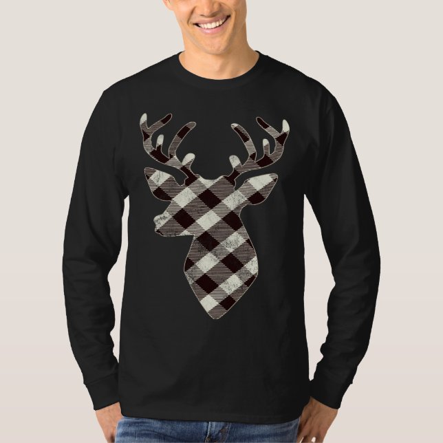 Deer Head  Retro White Buffalo Plaid Christmas T Shirt (Framsida)