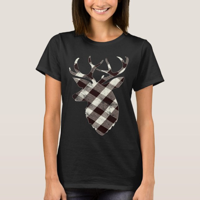 Deer Head Silhouette  White Buffalo Plaid Christma T Shirt (Framsida)