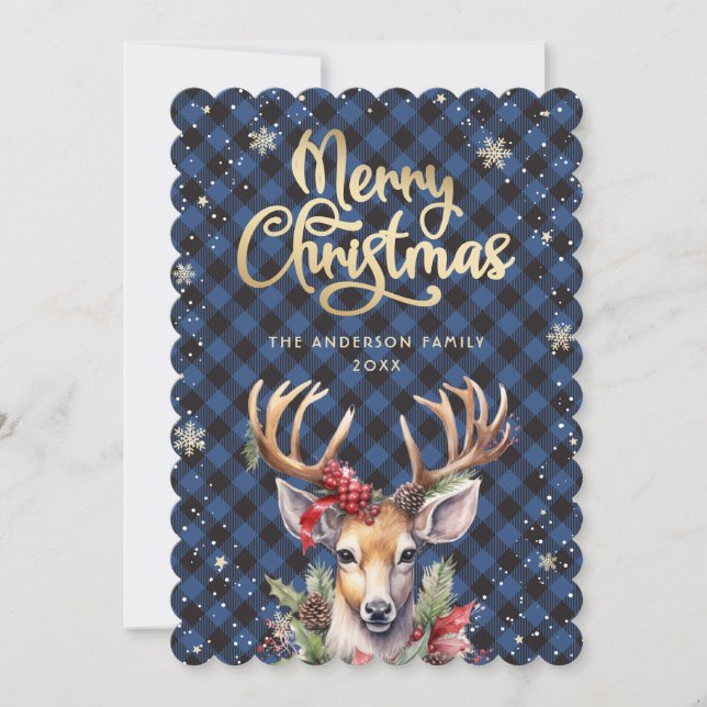 Deer Holly Red Berries Snowflakes Christmas Card Julkort (Framsida)