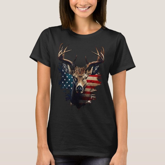 Deer Hunting American Flag Whitetail Buck Antlers  T Shirt (Framsida)