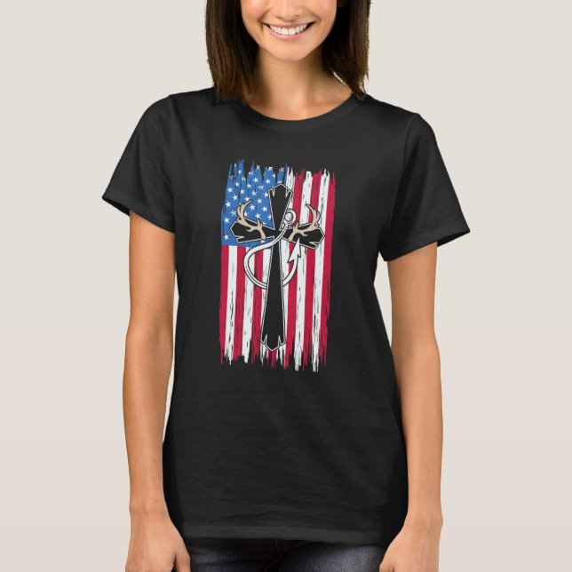 Deer Hunting Hunter  Us Flag Deer Hunting & Fishin T Shirt (Framsida)