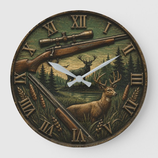 Deer Hunting  Rustic Rifle & Whitetail Buck  Stor Klocka (Framsida)