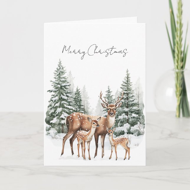 Deer in Snow Christmas Pine Trees Kort (Framsida)