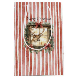 Deer in Window Red Stripes Bows Christmas