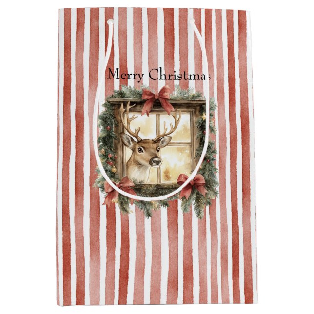 Deer in Window Red Stripes Bows Christmas (Framsidan)