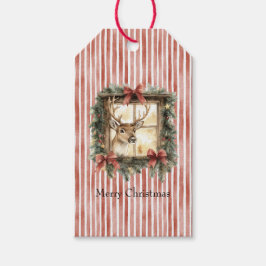 Deer in Window Red Stripes Bows Christmas Presentetikett