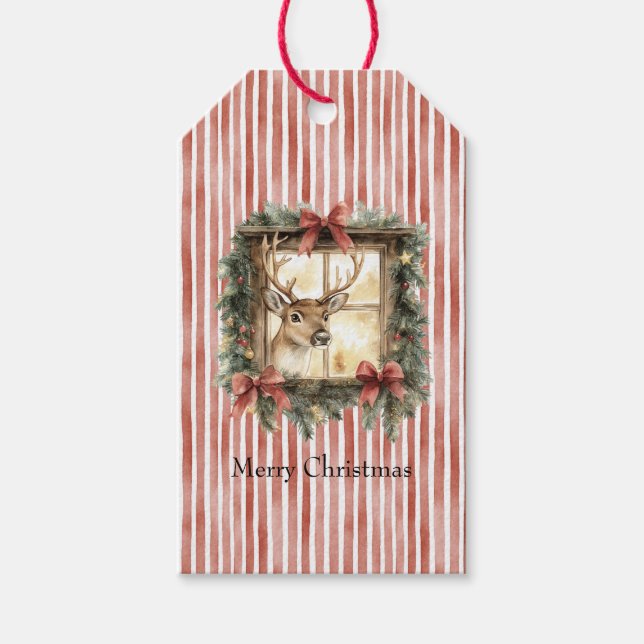 Deer in Window Red Stripes Bows Christmas Presentetikett (Framsidan)