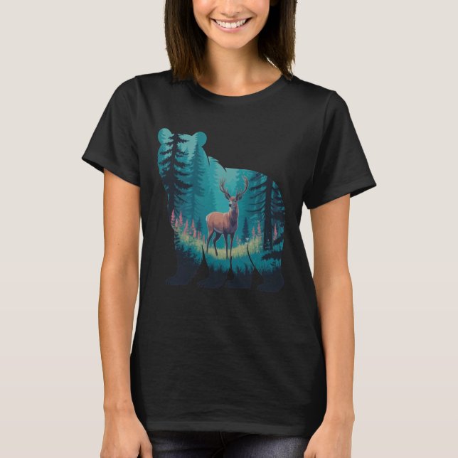 Deer Inside Bear Silhouette Nature Wildlife Forest T Shirt (Framsida)