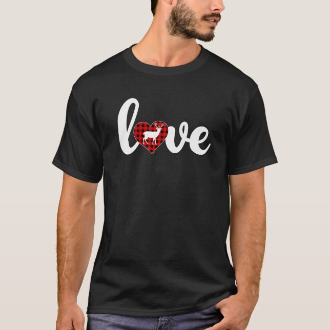 Deer Lover Buffalo Plaid Love Deer Valentine's Day T Shirt (Framsida)