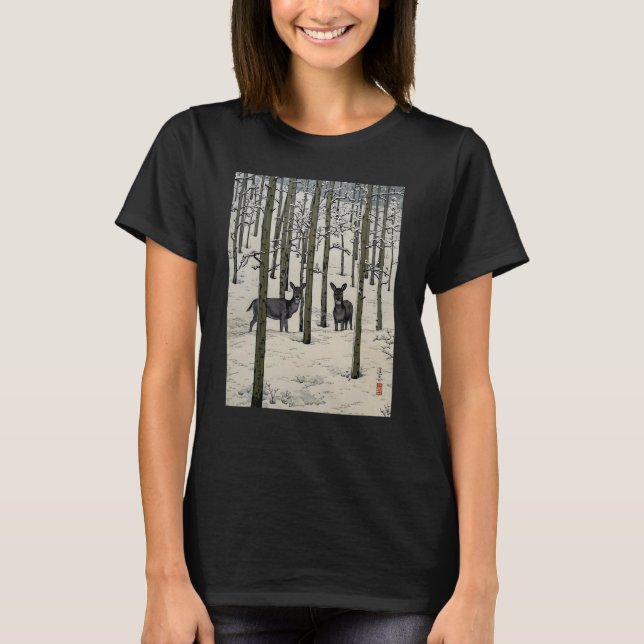 Deer Nara Forest Snow Winter Aspen Japanese Ukiyo  T Shirt (Framsida)