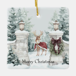 Deer Red Coat Snow Christmas Julgransprydnad Keramik