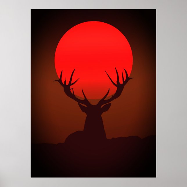 Deer Silhouette with Fiery Red Sunset Poster (Framsidan)