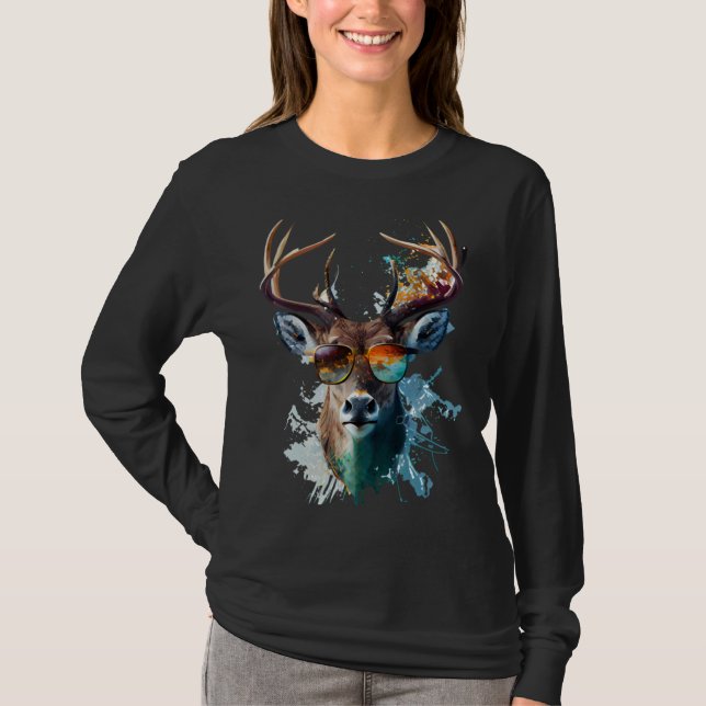 Deer sunglasses vacation sun nature forest hiking t shirt (Framsida)