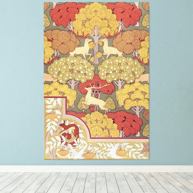 Deer &Tree Squirrel Bird Rowan Berries Art Nouveau Canvastryck (Insitu (trägolv))
