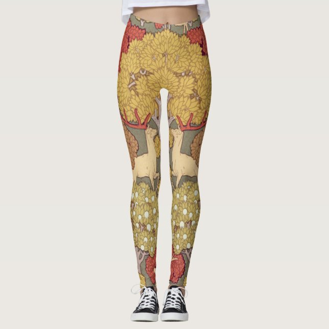Deer &Tree Squirrel Bird Rowan Berries Art Nouveau Leggings (Framsida)