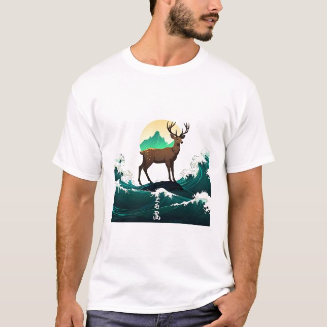 Deer Wave Art - Ukiyo-e Moonlight Design T Shirt (Framsida)
