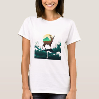 Deer Wave Art - Ukiyo-e Moonlight Design T Shirt