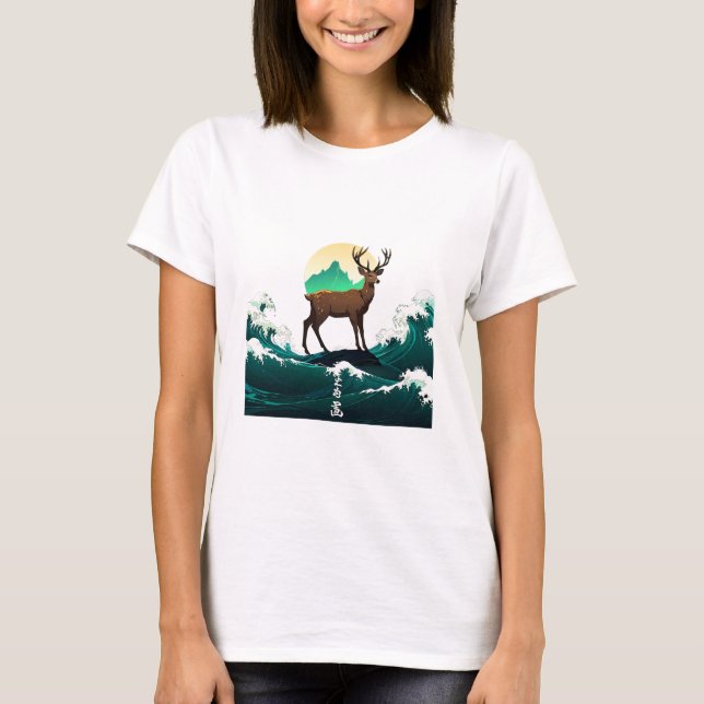 Deer Wave Art - Ukiyo-e Moonlight Design T Shirt (Framsida)