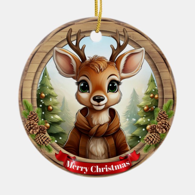 Deer Xmas Character Reindeer Animal Christmas  Cer Julgransprydnad Keramik (Framsidan)