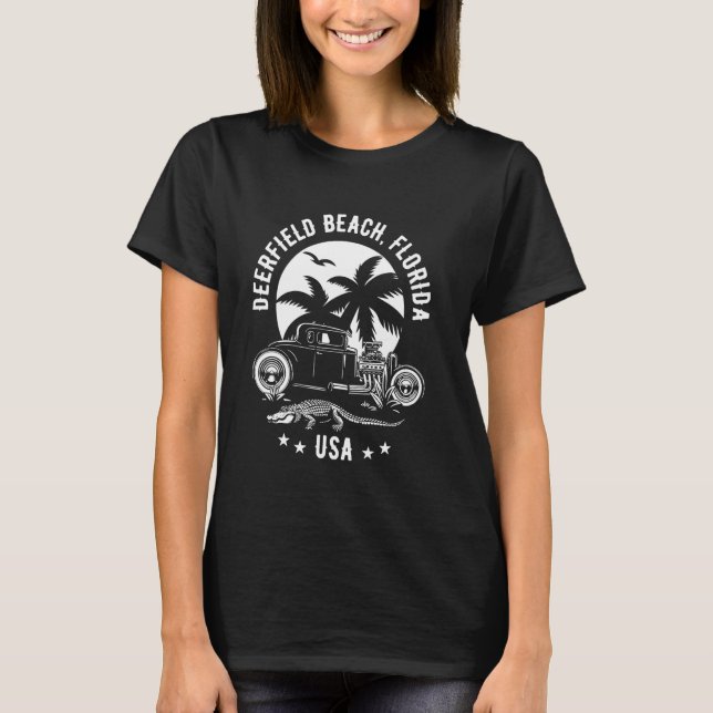 Deerfield Beach Florida Sunset Hotrod Alligator De T Shirt (Framsida)