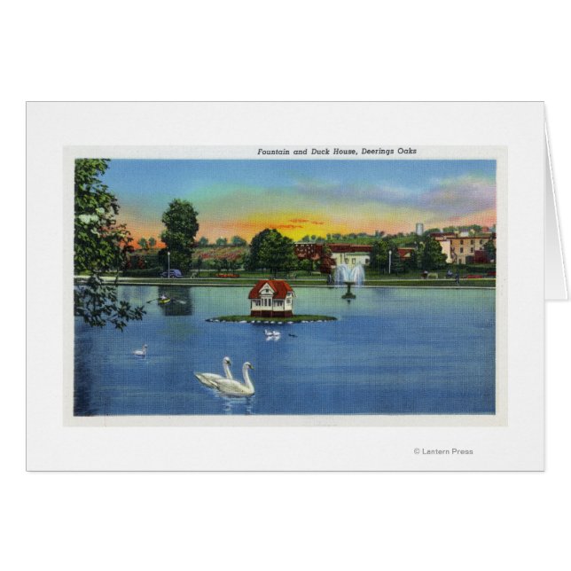 Deering Oaks Fontän och Anka House View Hälsningskort (Framsidan Horizontal)