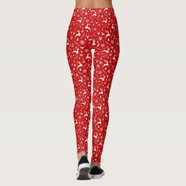 Deers and Snöflingor Red & White jul Mönster Leggings (Baksida)