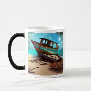 Deerted Rusty Boats vilande på en övergiven strand Magisk Mugg