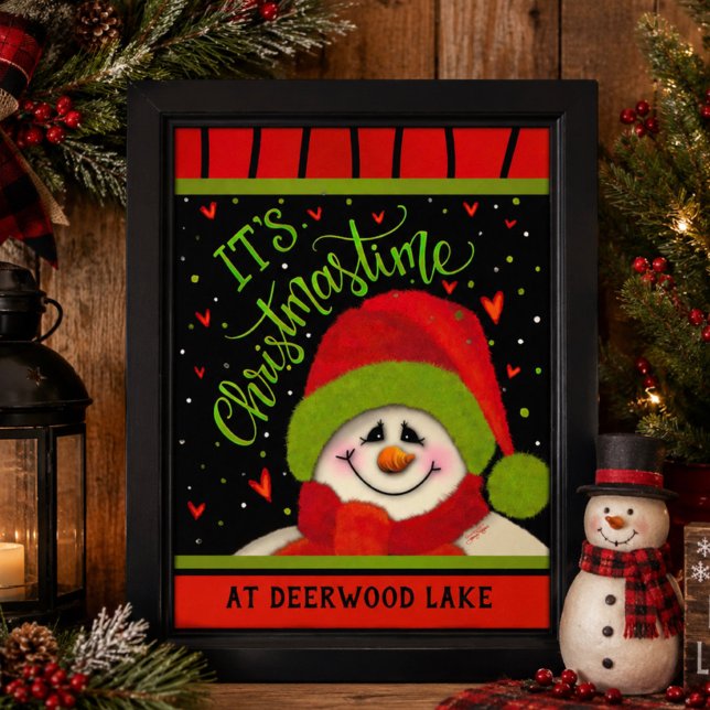 Deerwood Lake julsnömannen Poster (Cute Deerwood Lake snowman Christmas print by Inspirivity artist, Jennifer Wagner)