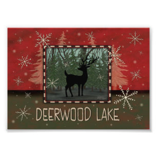Deerwood Sjö Inspiritivity Rustic Träd Hjort Fototryck