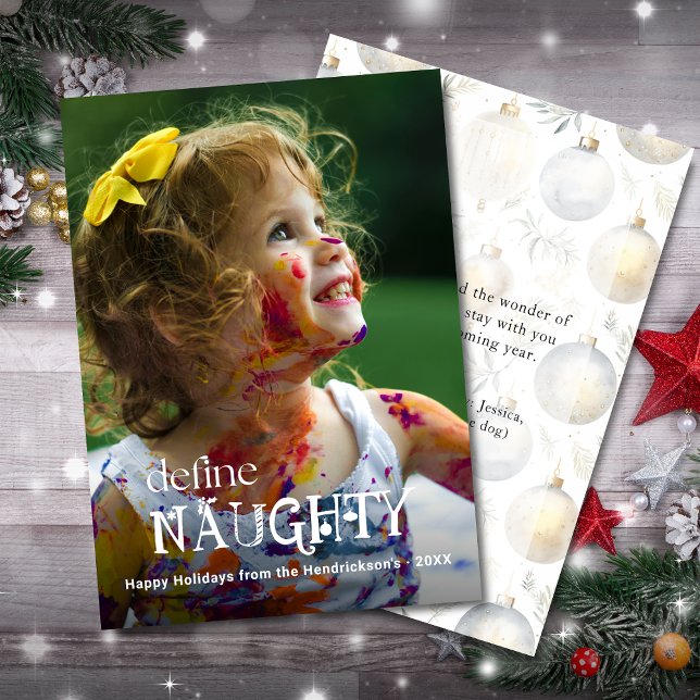 Definiera Busig Rolig Barnfoto Julkort (define NAUGHTY funny baby child holiday Christmas card with custom photo, name, greeting.)