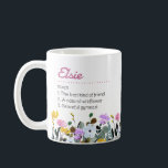 Definition av namn med Cute Wildblomma Gräns Kaffemugg<br><div class="desc">Wildblomma mugg med egen namndefinition. Anpassningsmallen är redot för dig att lägga till ditt namn och din valda definition, med en lista över tre attribut som kan vara sanna, roliga, bra eller dåliga. Utformningen har enkla vattenfärgsblommor i rosa lilac-gult och vild i blått. Den är skriven med moderna retromanus och...</div>