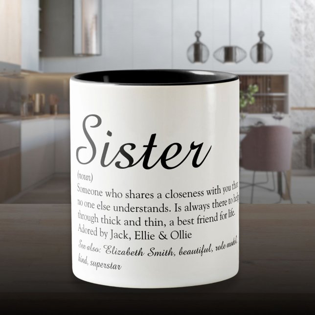 Definition av svartvit Coola i chicens skript Två-Tonad Mugg (Chic Script Black and White Cool Sister Definition Two-Tone Coffee Mug)