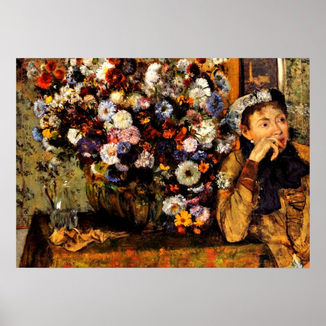 Degas - en kvinna som sitter bredvid Vas i blommor Poster (Framsidan)