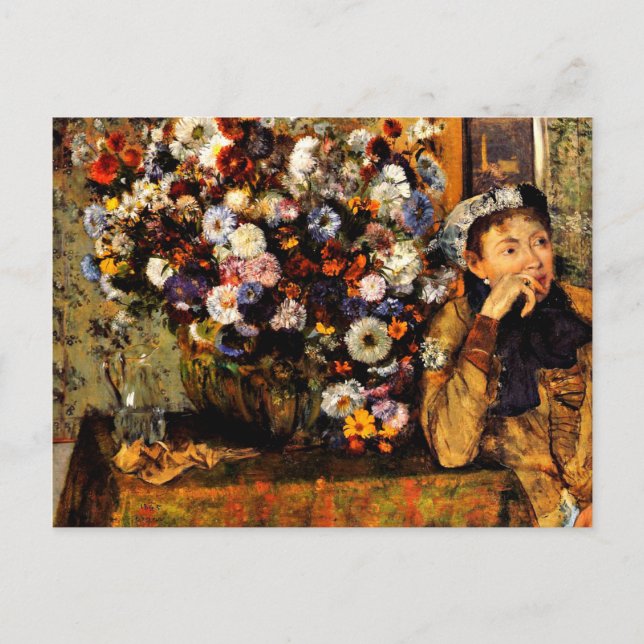 Degas - en kvinna som sitter bredvid Vas i blommor Vykort (Framsida)