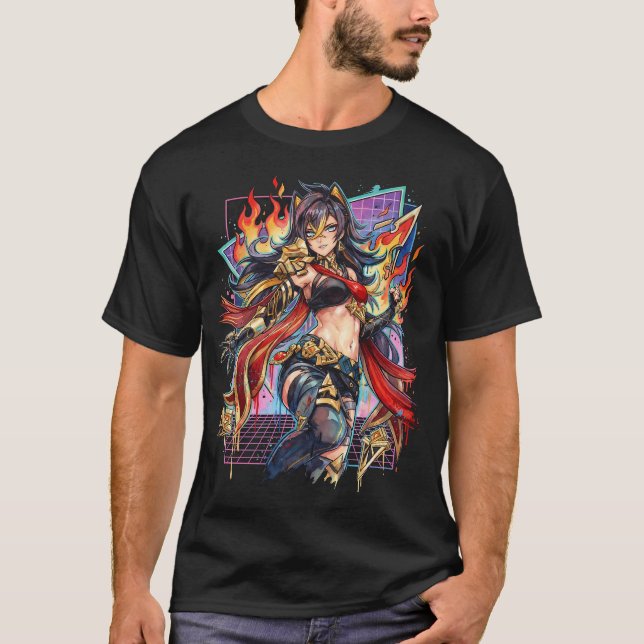 Dehya Genshin Impact Claymore Pyro Krigare Vaporwa T Shirt (Framsida)